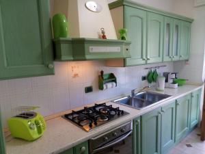 a kitchen with green cabinets and a stove and a sink at Casa Marilù in Alghero