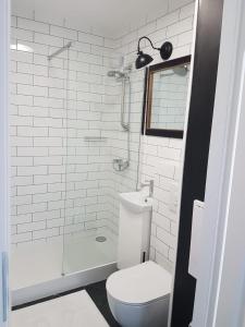 a white bathroom with a toilet and a shower at Fok Sztormowy in Hel