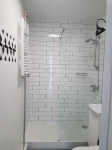 ヘルにあるFok Sztormowyのバスルーム(シャワー、トイレ、洗面台付)