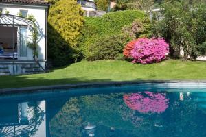 einen Pool im Garten mit rosa Blumen in der Unterkunft Morcote Cottage in Morcote