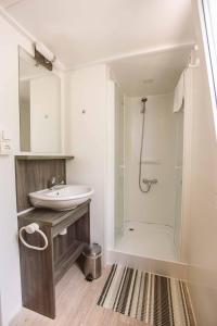 a bathroom with a shower and a sink at Mobile homes Marita in Šimuni