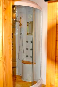 a bathroom with a shower with a glass door at "0" Sterne Hotel Weisses Rössl in Leutasch/Tirol in Leutasch