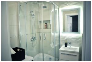 W łazience znajduje się prysznic, toaleta i umywalka. w obiekcie Color 24 Premium w mieście Stalowa Wola