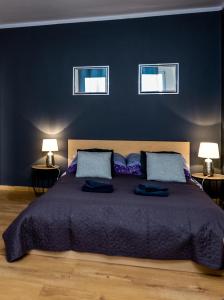 a bedroom with a large bed with two windows at Good Time in Szczecin in Szczecin