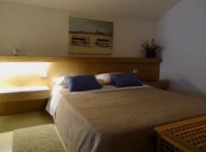 a bedroom with a large bed with blue pillows at Cavour 96 in Mantova