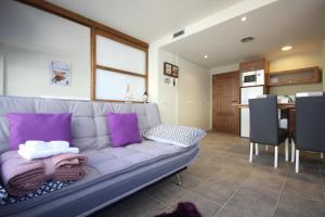 sala de estar con sofá y almohadas moradas en Romantic Loft, en Salàs de Pallars