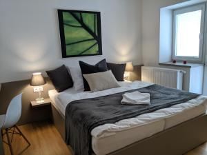 sypialnia z dużym łóżkiem i oknem w obiekcie AP 1 - Apartments 4U Březinova "Overnight Simply" w mieście Hradec Králové
