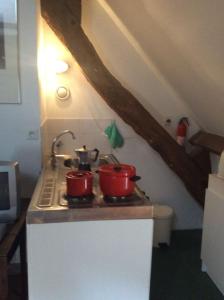 
a kitchen with a stove top oven and a sink at Manoir de la Guerrie in Saint-Patrice-de-Claids
