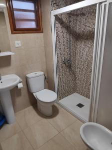 a bathroom with a shower and a toilet and a sink at Apartamentos Cervantes in Benidorm