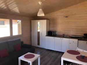 a small living room with a couch and a kitchen at Domki Letniskowe Oses in Stegna