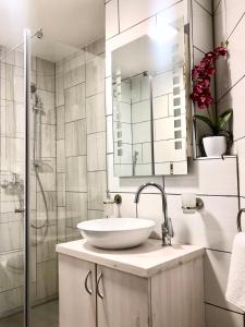 a white bathroom with a sink and a shower at Guest house Kobal in Zgornje Gorje