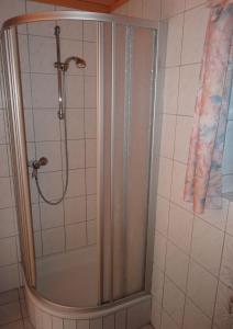 y baño con ducha y puerta de cristal. en Glanzerhütte, en Innerkrems