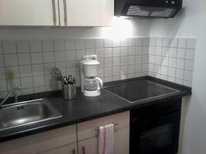 um balcão de cozinha com um lavatório e uma mesa de mistura em Thomaskirchhof 8 em Leipzig