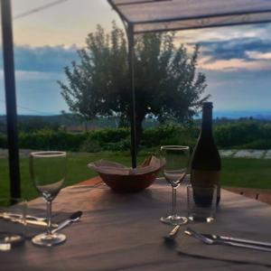 a table with a bottle of wine and two glasses at Agriturismo Cà Trinche in Camo