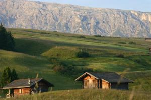 zwei Häuser auf einem Feld mit Bergen im Hintergrund in der Unterkunft Seiser Alm Plaza in Alpe di Siusi