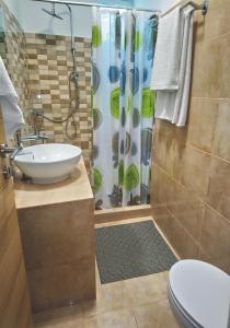 a bathroom with a sink and a toilet and a shower at JK's GUESTHOUSE KARDAMAINA in Kardamaina
