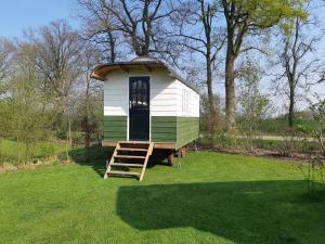 a small green and white house in a yard at B&B Pipowagen "de Luxe" op Wellness Camping en B&B in Winterswijk-Meddo