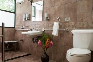 a bathroom with a toilet and a sink and a mirror at Tapirus Lodge and Reserve in Carrillo