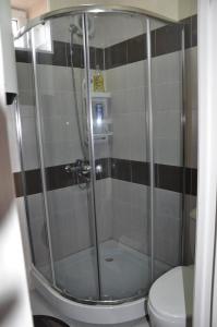 a glass shower in a bathroom with a toilet at Guest House Nur in Kochkorka