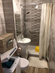 W łazience znajduje się toaleta, umywalka i prysznic. w obiekcie Apartament Sopot Kraszewskiego w mieście Sopot