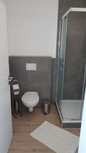 a bathroom with a toilet and a glass shower at Ferienwohnung Schreiber in Hessisch Oldendorf +5 photos