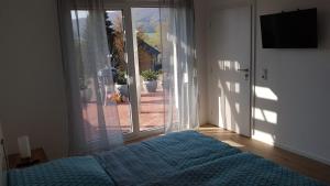 1 dormitorio con cama azul y puerta corredera de cristal en Ferienwohnung Schreiber, en Hessisch Oldendorf