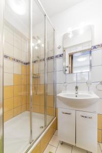 a bathroom with a sink and a shower at Apartament Litoral Jurata in Jurata