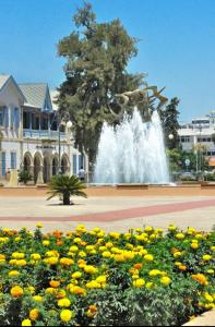 a fountain in the middle of a park with flowers at Hai Hotel in Larnaca
