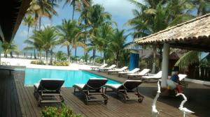 una piscina del resort con sedie a sdraio e palme di VILLA NACRI NA PRAIA con PISCINA ENTRE ILHEUS E ITACARE' a Ilhéus