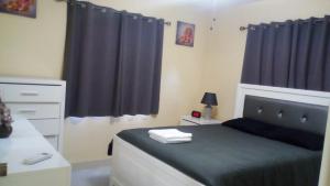 a bedroom with a bed and a blue curtain at Wilks Villa in Knowles