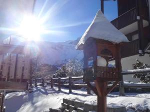 サースフェーにあるApartment Amedeeの雪に覆われた鳥の餌付け