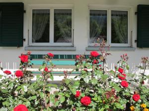 a group of roses in front of a house with windows at Apartment Helene by Interhome in Adelboden