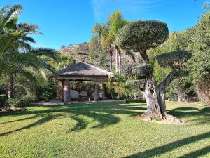 a gazebo in the middle of a lawn with palm trees at Villa Aviles by Interhome in Jávea