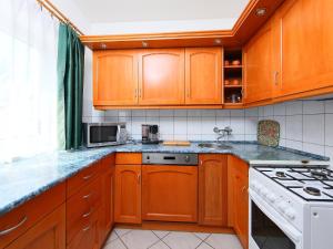 a kitchen with wooden cabinets and a stove top oven at Holiday Home Greenie by Interhome in Balatonszárszó