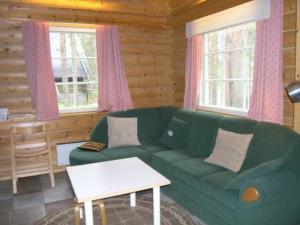 ein Wohnzimmer mit einem grünen Sofa und 2 Fenstern in der Unterkunft Holiday Home Kangastus a by Interhome in Suomutunturi