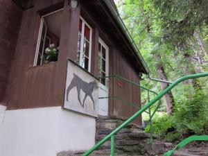 a painting of a horse on the door of a house at Apartment Chalet Maru by Interhome in Lenk