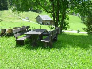 una mesa de picnic y bancos en un campo de hierba en Apartment Chalet Heureka-Horbis by Interhome en Engelberg