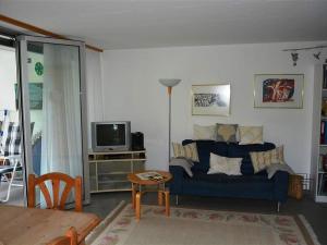 ein Wohnzimmer mit einem blauen Sofa und einem TV in der Unterkunft Apartment Spillgerten-Blick by Interhome in Zweisimmen