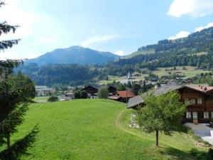 einen grünen Hügel mit Häusern und Bergen im Hintergrund in der Unterkunft Apartment Abendrot by Interhome in Gstaad