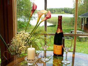 eine Flasche Wein und zwei Gläser auf dem Tisch in der Unterkunft Holiday Home Hämeenhelmi by Interhome in Pätiälä