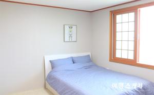Schlafzimmer mit einem Bett mit blauer Bettwäsche und einem Fenster in der Unterkunft Toursketch Pension in Seogwipo