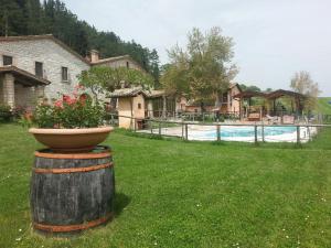a planter sitting on top of a barrel in a yard at Agriturismo Il Casale in Pergola