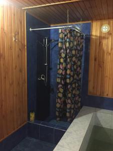 W łazience znajduje się prysznic z zasłoną prysznicową. w obiekcie Домик для отдыха рядом Днепр w Czerkasach