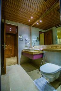 a bathroom with a toilet and a sink and a mirror at Hotel Sai Palace , Mangalore in Mangalore