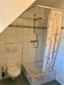 ein Badezimmer mit Badewanne, Toilette und Dusche in der Unterkunft "Matrosenlogis" by Ferienhaus Strandgut in Born