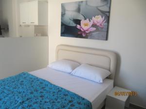 Sunny Holiday Apartments في بروتاراس: غرفة نوم بسرير مع لوحة على الحائط