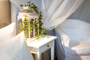 a white table with plants in a bird cage on it at Angel House Bed & Breakfast in Kraków