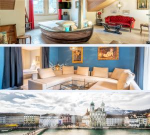 a collage of two pictures of a living room at Altstadt Hotel Magic Luzern in Luzern