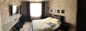 a bedroom with a bed and a television and a window at Bon Voyazh in Velikiye Luki
