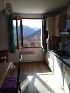 eine Küche mit einem großen Fenster mit Aussicht in der Unterkunft Appartement Les marmottes in Ilhan